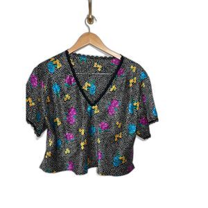 Erika Taylor Blouse Women's size Large Black Floral Satin V Neck Lingerie Femme